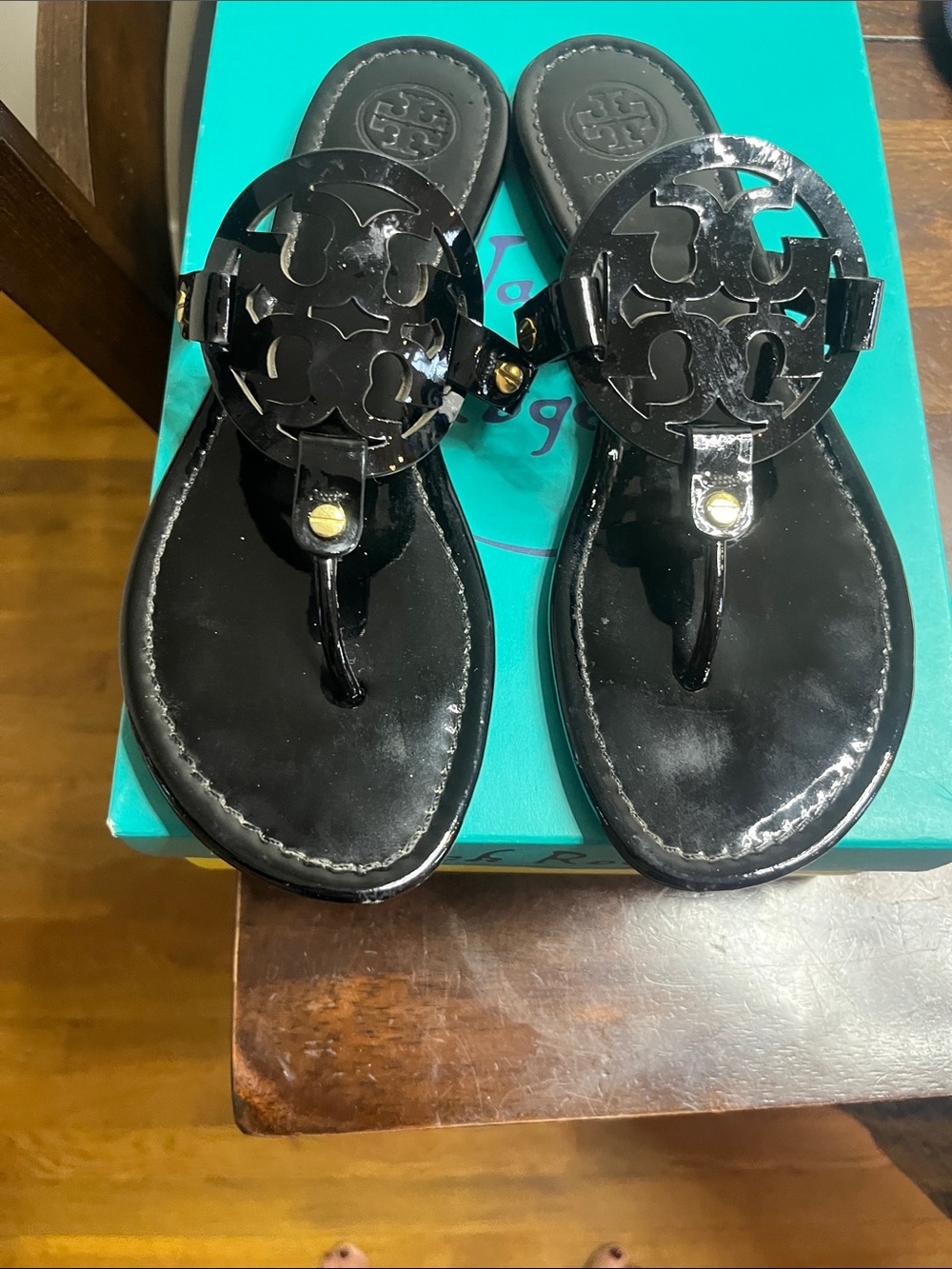 Tory Burch Black Patent Logo Thong Sandals with Gold Accent